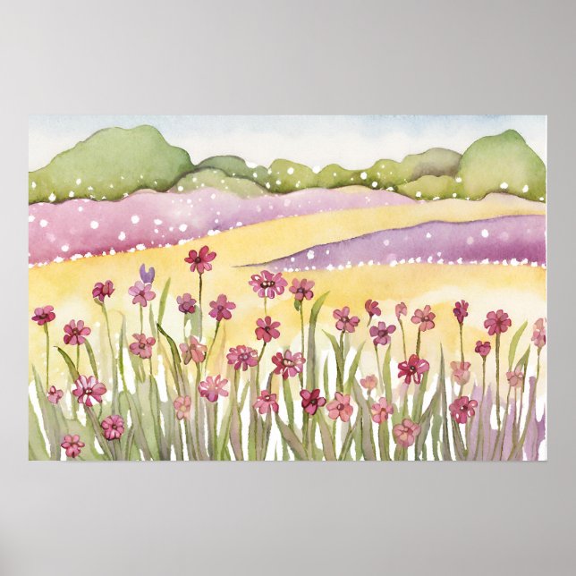 Póster Fijación de sol de campo de flores rosadas Pintado (Frente)