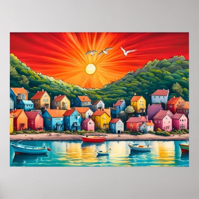 Póster Fila arcoiris de casas de playa (Frente)