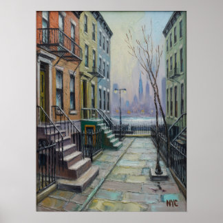 Póster Fila de Brownstone de Brooklyn con horizonte de Ma