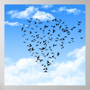 Póster Fila de pájaros poster de corazón de amor