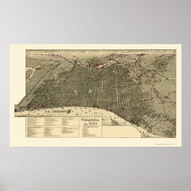 Póster Filadelfia, Mapa Panorámico de la PA - 1888 (Frente)