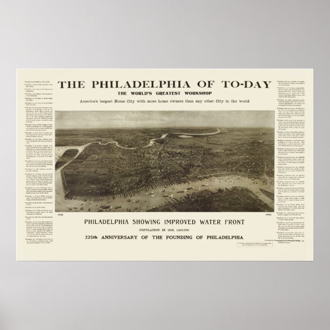Póster Filadelfia, Mapa Panorámico de la PA - 1908 (Frente)