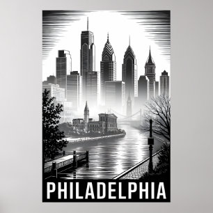 Póster Filadelfia Pensilvania Grabado en Madera Blanco y 