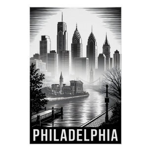Póster Filadelfia Pensilvania Grabado en Madera Blanco y 