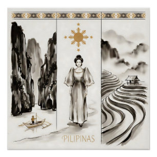 Póster Filipinas-El Nido & Arrozales-Tinta lavada