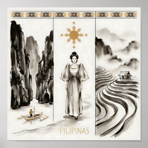 Póster Filipinas-El Nido & Arrozales-Tinta lavada