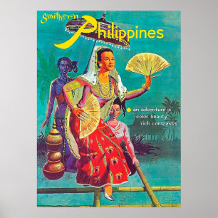 Póster Filipinas, mujeres con trajes tradicionales de fol