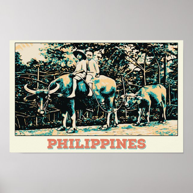 Póster Filipinas, niños jugando con búfalos de agua (Frente)