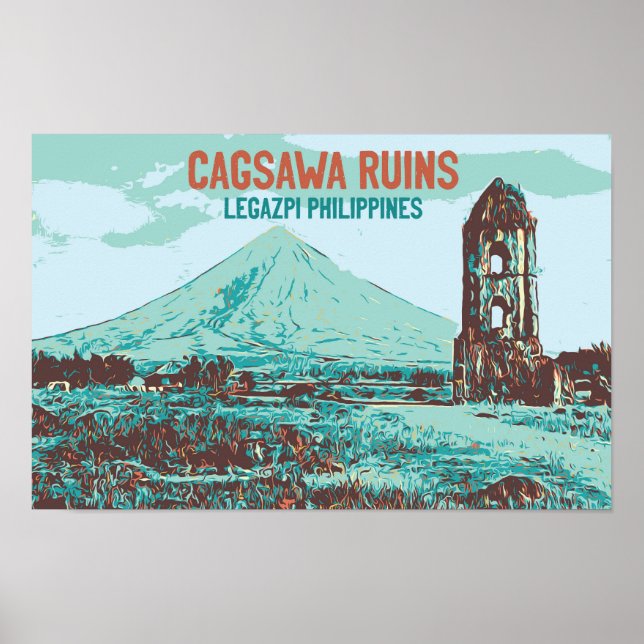 Póster Filipinas, ruinas de Cagsawa, Legazpi, volcán Mayo (Frente)
