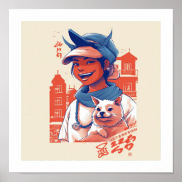 Póster Fille du Japon avec son chien