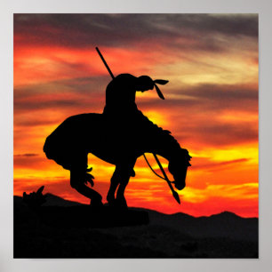 Póster Fin de la silueta de trineo con Poster de atardece