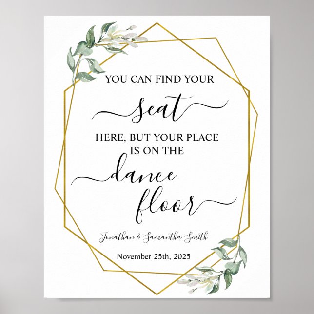 Póster Find your seat wedding reception greenery gold (Frente)