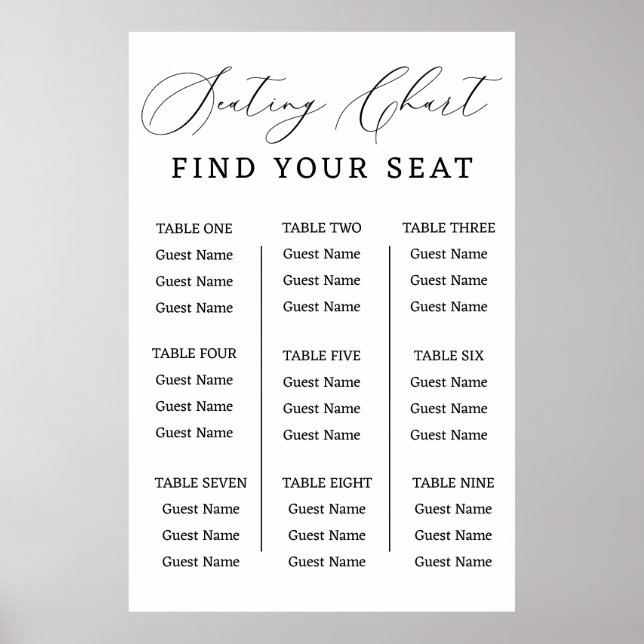 Póster Find Your Seat Wedding Seating Chart Minimalist (Frente)
