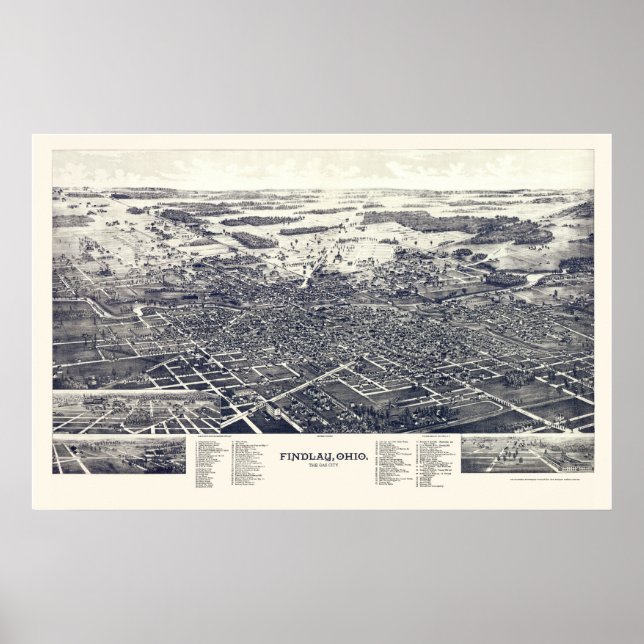 Póster Findlay, OH Panoramic Map - 1889 (Frente)