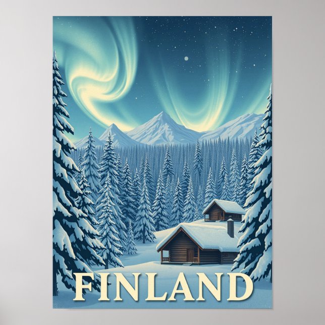 Póster Finland Northern Lights Winter Cabin Poster Print (Frente)