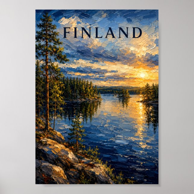Póster Finland: Serene Sunset Lake Art Souvenir (Frente)