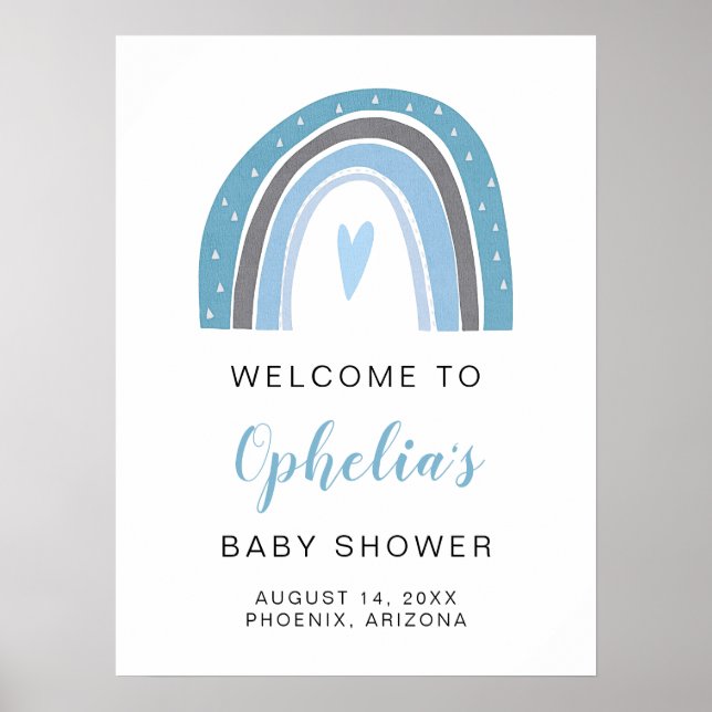 Póster FINN | Boho azul polvo Rainbow Heart Boy Cumpleaño (Frente)