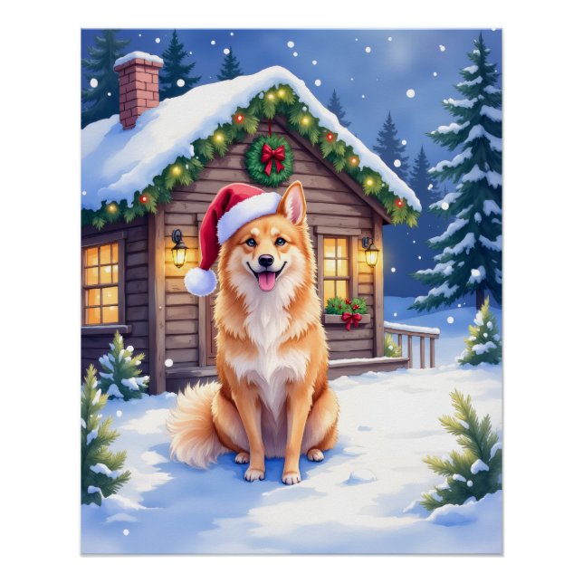 Póster Finnish Spitz Snowy Cabin Santa Hat Christmas Art (Anverso)
