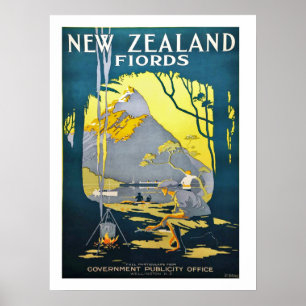 Póster Fiordos de Nueva Zelanda, cartel de viaje vintage
