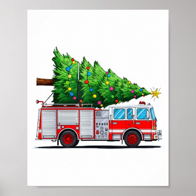 Póster Fire Truck Christmas Tree Xmas Lights Firefighter  (Frente)