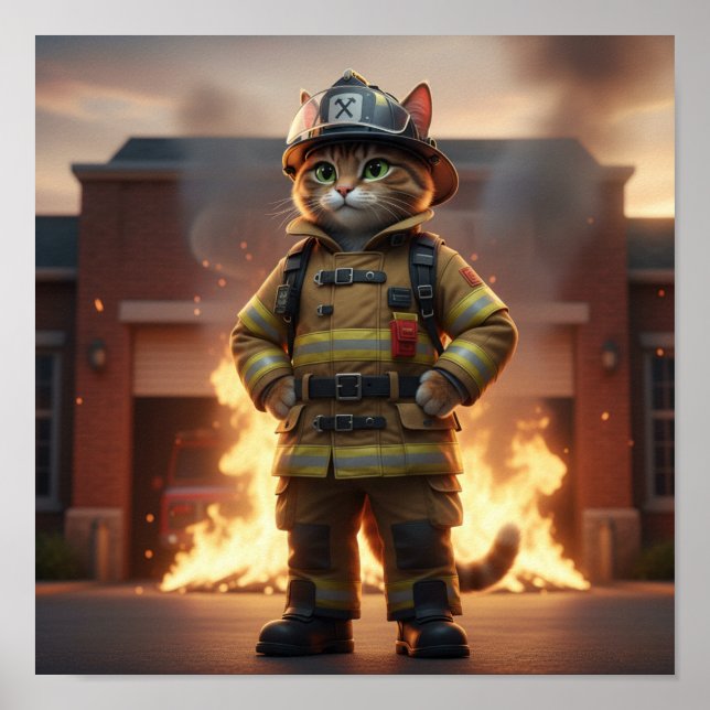 Póster Firefighter Cat Poster – 3D Hero Cat Wall Art (Frente)
