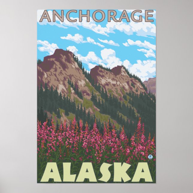 Póster Fireweed & Mountains - Anchorage, Alaska (Frente)