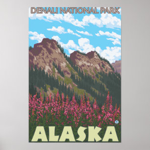 Póster Fireweed y montañas - parque nacional de Denali,