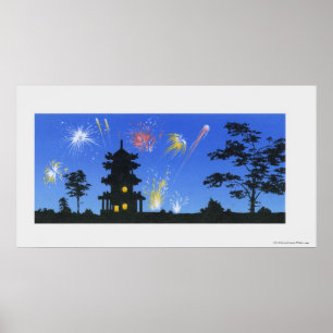 Póster Firework display and silhouette of pagoda