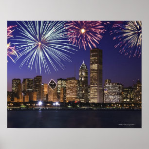 Póster Fireworks over Chicago skyline