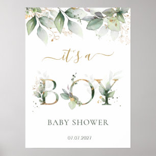 Póster Firma Baby Shower Green Gold Foliage Boy