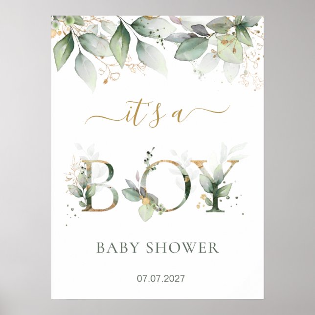 Póster Firma Baby Shower Green Gold Foliage Boy (Frente)