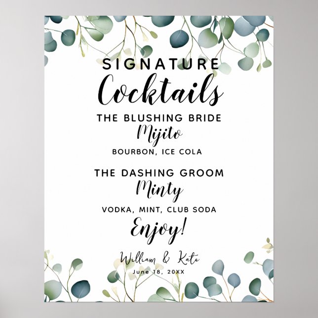 Póster Firma Barra de cócteles signo boda eucalipto (Frente)