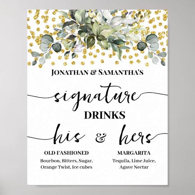 Póster Firma Bebidas Boda Recepción Eucalyptus Oro (Frente)