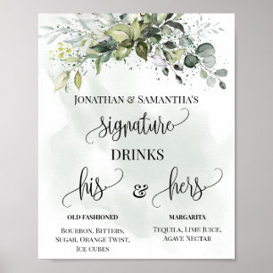 Póster Firma Bebidas Boda Recepción Rótulo Eucalyptus