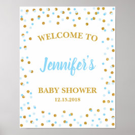 Póster Firma de bienvenida Baby Shower azul y dorada pers