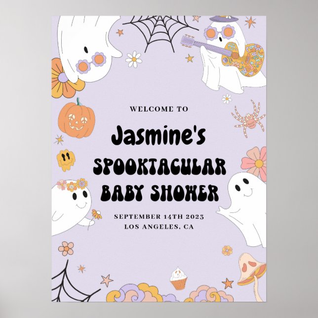 Póster Firma de bienvenida Baby Shower de Purple Groovy G (Frente)