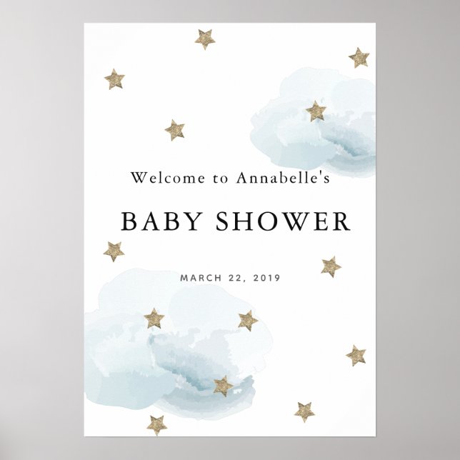 Póster Firma de bienvenida Baby Shower Gold Star & Cloud  (Frente)