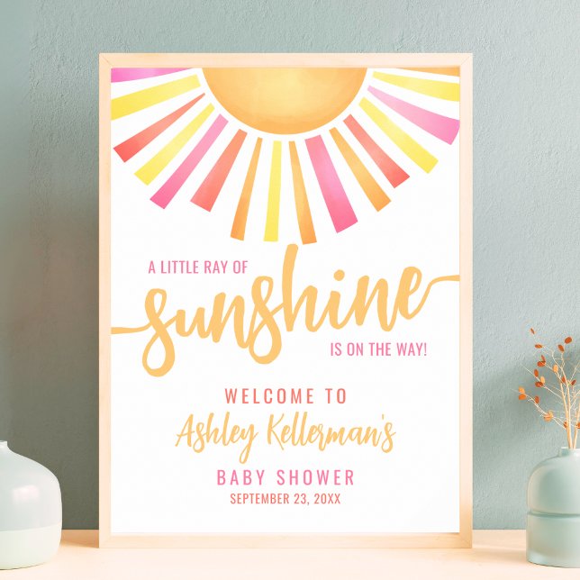 Póster Firma de bienvenida Baby Shower rosa brillante Sun (Sunshine Bright Pink Baby Shower Welcome Sign)