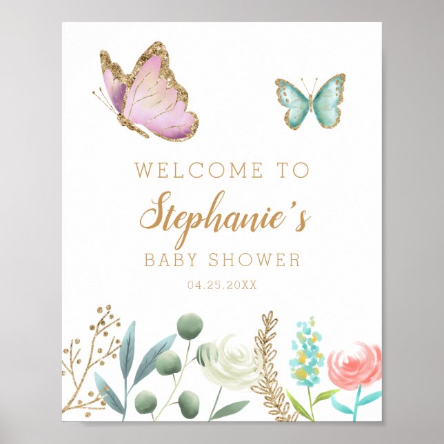 Póster Firma de bienvenida de Baby Shower para mariposa (Frente)