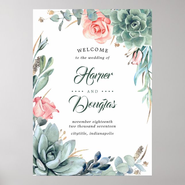 Póster Firma de bienvenida de Boda rosa de Rubor con una  (Frente)