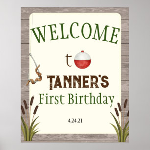 Póster Firma de bienvenida de primer cumpleaños de pesca