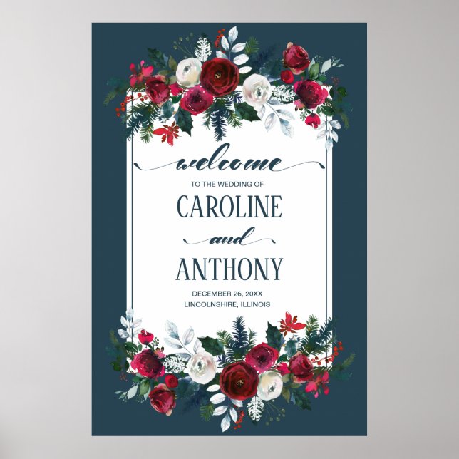 Póster Firma de bienvenida del Boda Dusty Blue Burgundy B (Frente)