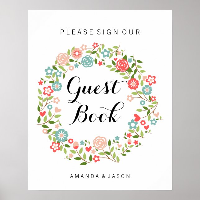 Póster Firma de boda de libro de invitado | Floral | bant (Frente)