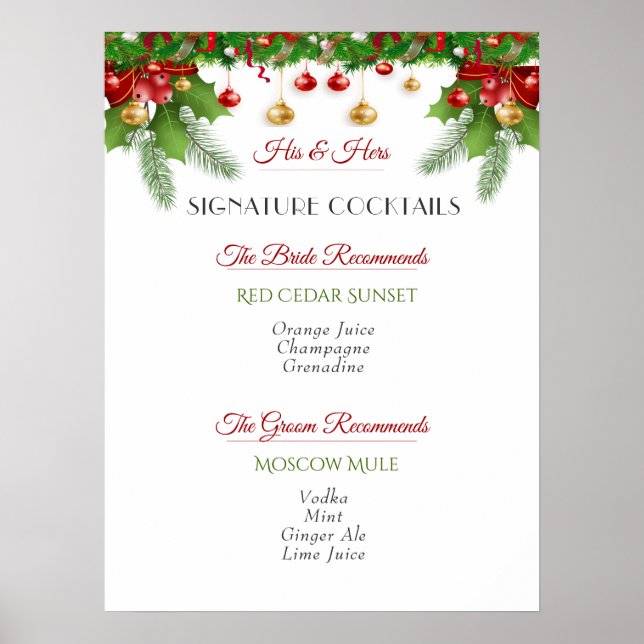 Póster Firma de cócteles Navidades Boda de Invierno (Frente)