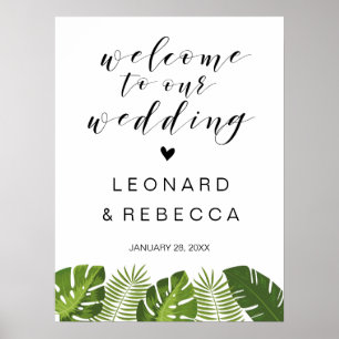Póster Firma del boda de bienvenida   hojas tropicales