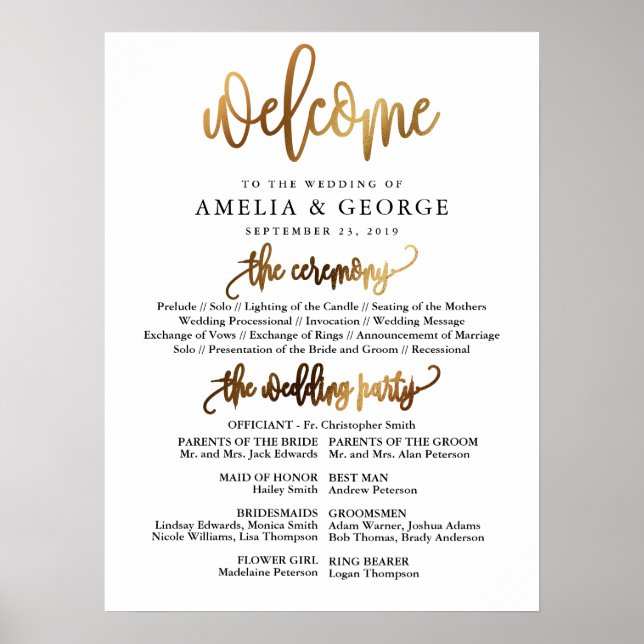 Póster Firma del programa de boda Gold Black Welcome (Frente)