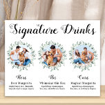 Póster Firma personalizado bebe fotos elegantes de Bodas<br><div class="desc">¡Cócteles de firma de tus mascotas! Incluya su mejor perro, mejor gato y cualquier mascota en su boda con su propio bar de bebidas. Perfecto para los amantes del perro, y un bar especial para perros será un éxito para su boda. Blanco sencillo pero elegante con hojas de eucalipto. El...</div>