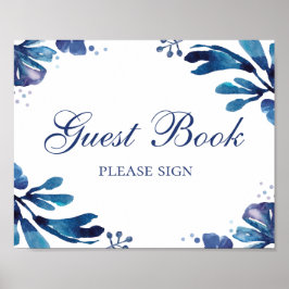 Póster Firmar libro de invitados. Flores de boda azules.