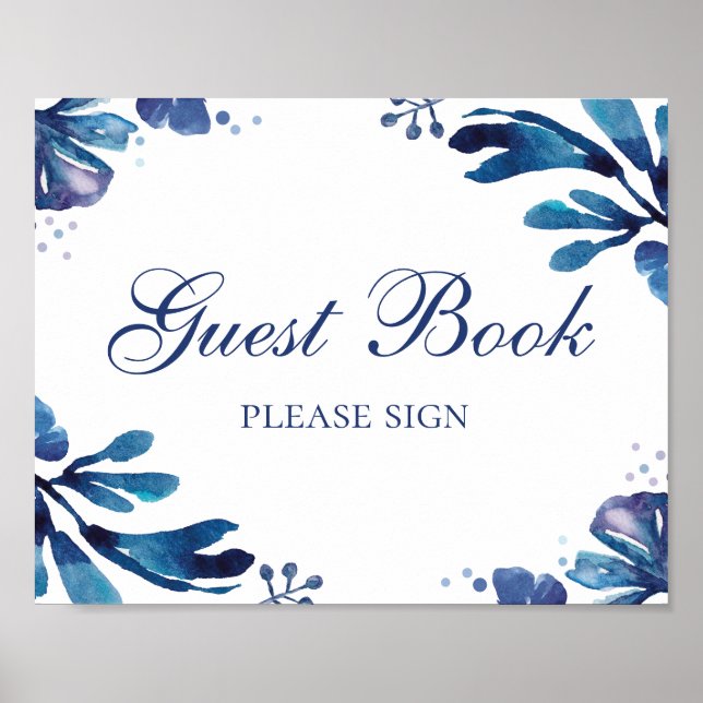 Póster Firmar libro de invitados. Flores de boda azules.  (Frente)