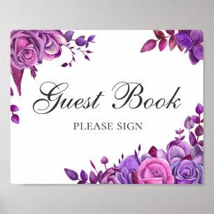 Póster Firme el libro de invitados. Flores de boda rosada